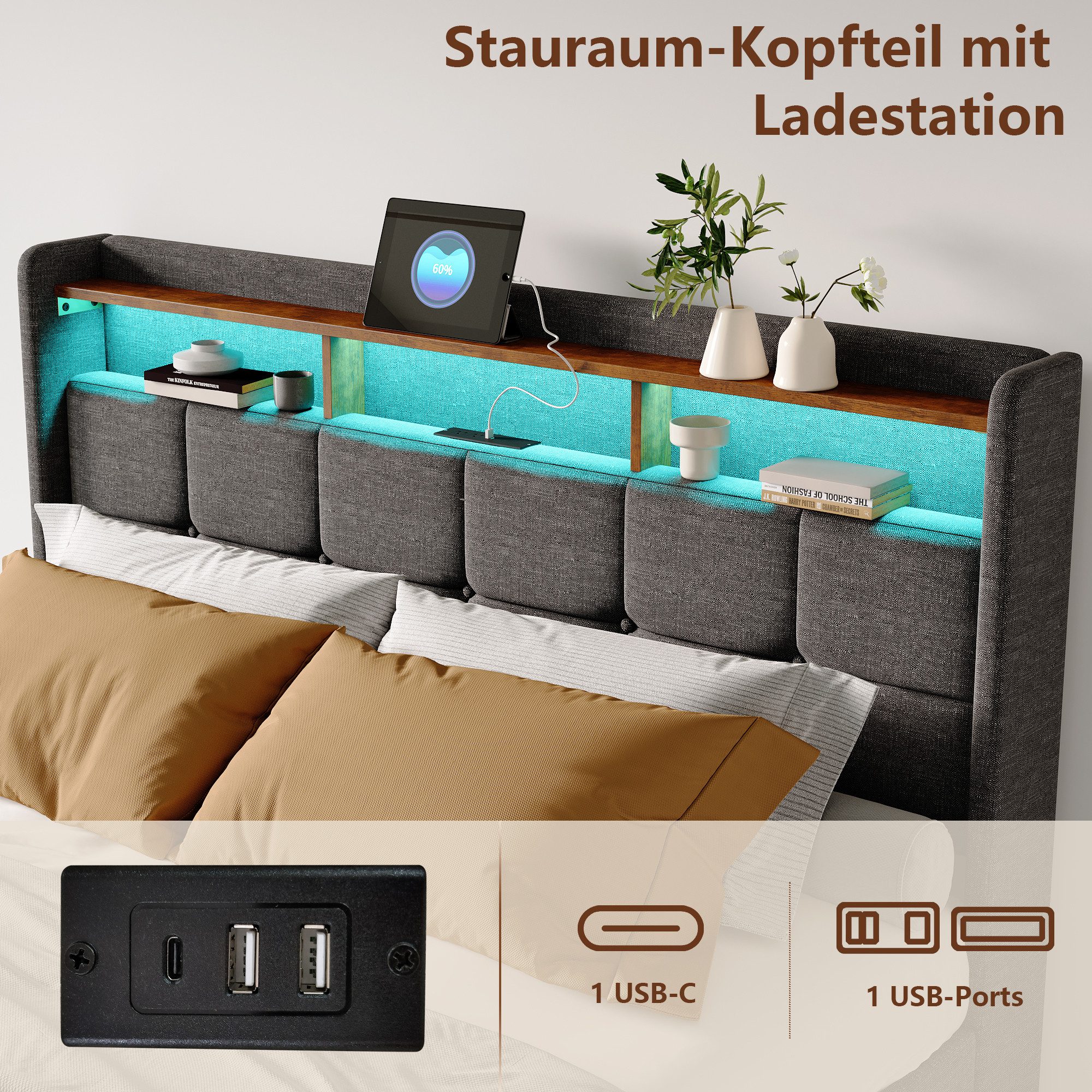 Polsterbett Doppelbett Stauraumbett Funktionbett-grau 1